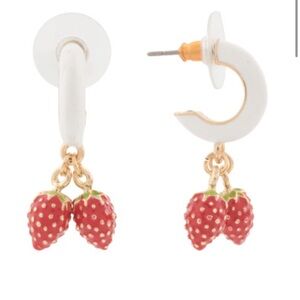 Betsey Johnson Earrings White Huggie Hoops with Red Strawberry Charms